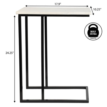 Caius 24.25" Designer Industrial Metal C-Shaped End Table and Side Couch Table with White Marble Top
